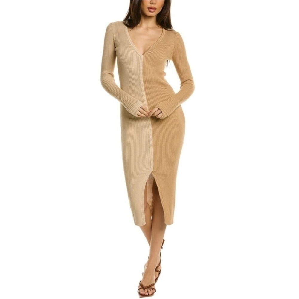 NWT Monrow Cardi Two-Tone Rib Knit Midi Dress Large Color-block Modal Cotton Tan